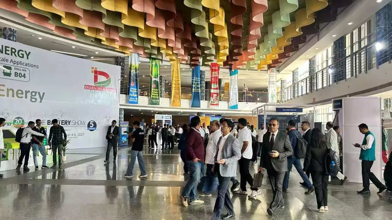 Visitors in the entrance hall of India Expo Mart & Centre during The Battery Show India 2026